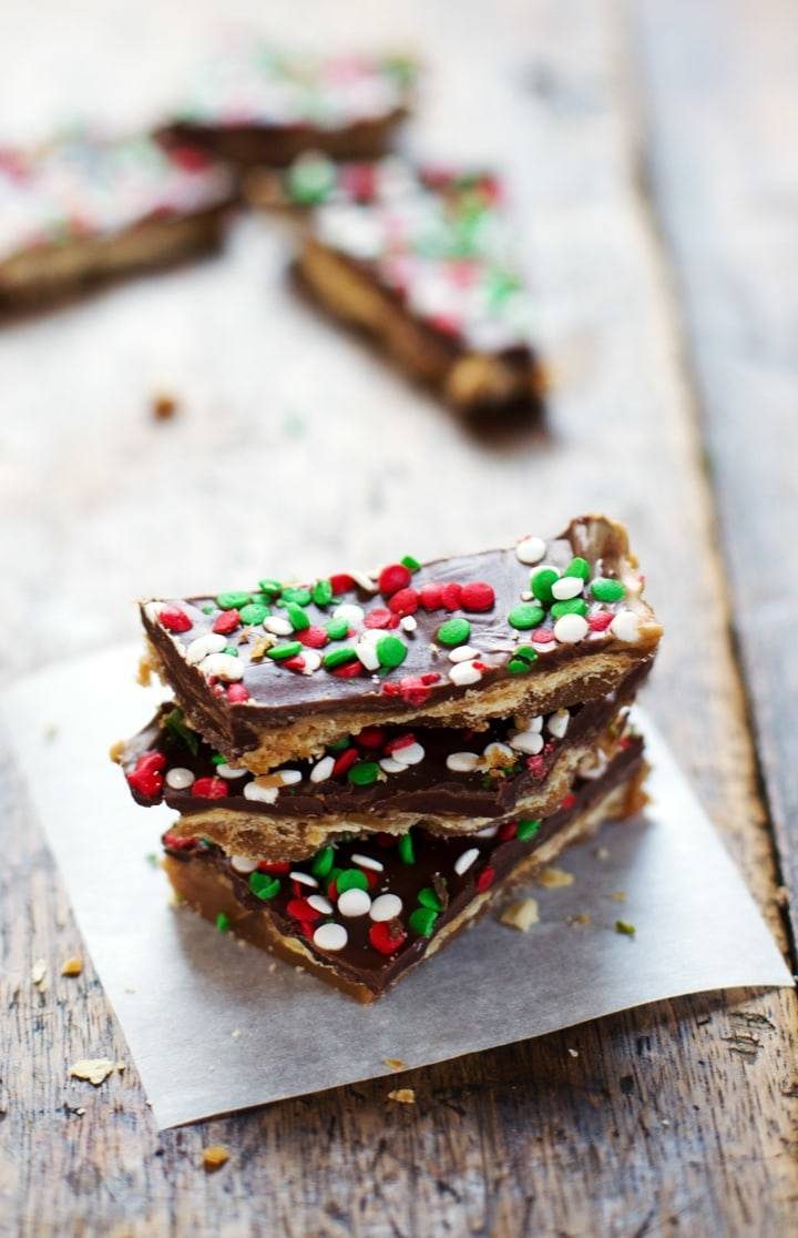 Chocolate Peanut Butter Saltine Toffee on parchment paper.