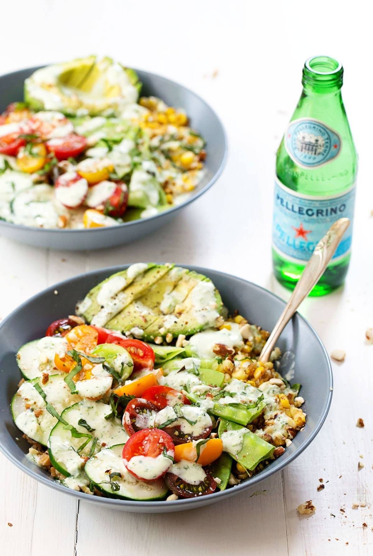 Rainbow Veggie Bowls with Jalapeño Ranch and sparkling water.