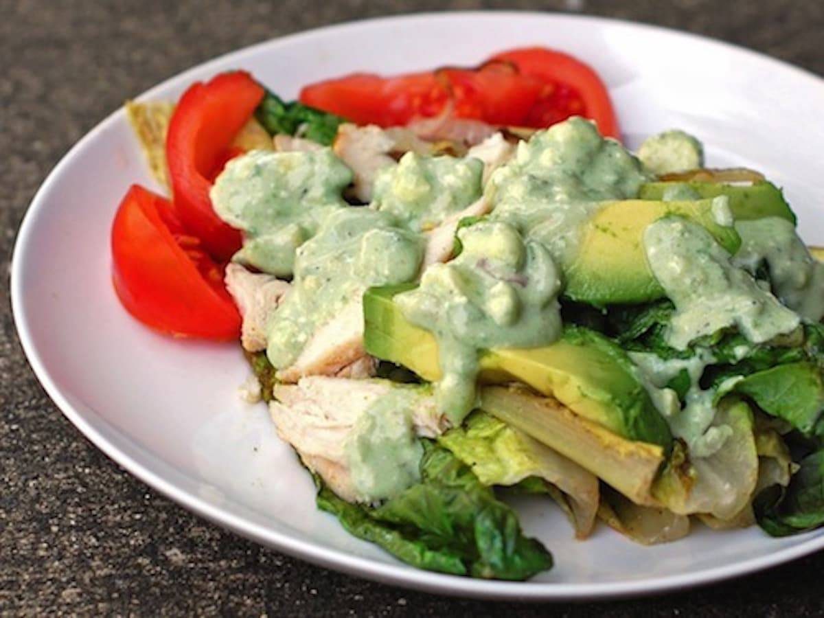 Avocado blue cheese dressing on grilled veggies.