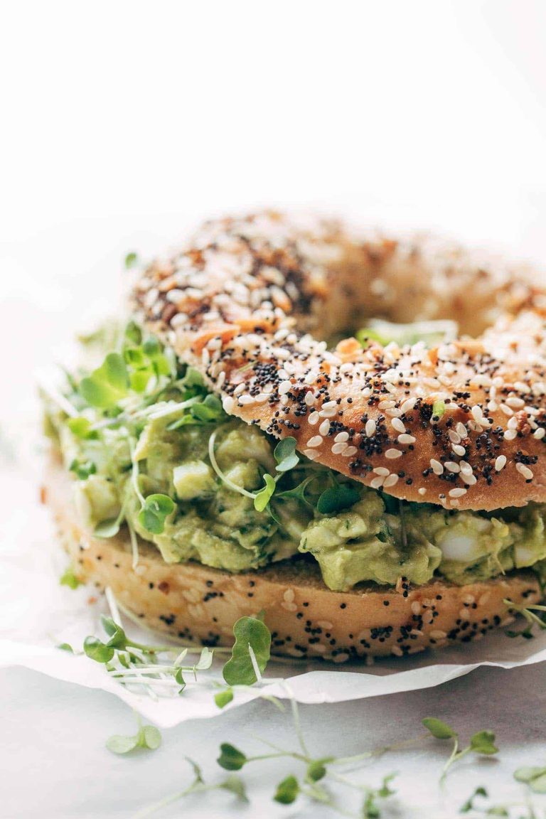 Avocado egg salad on an everything bagel.