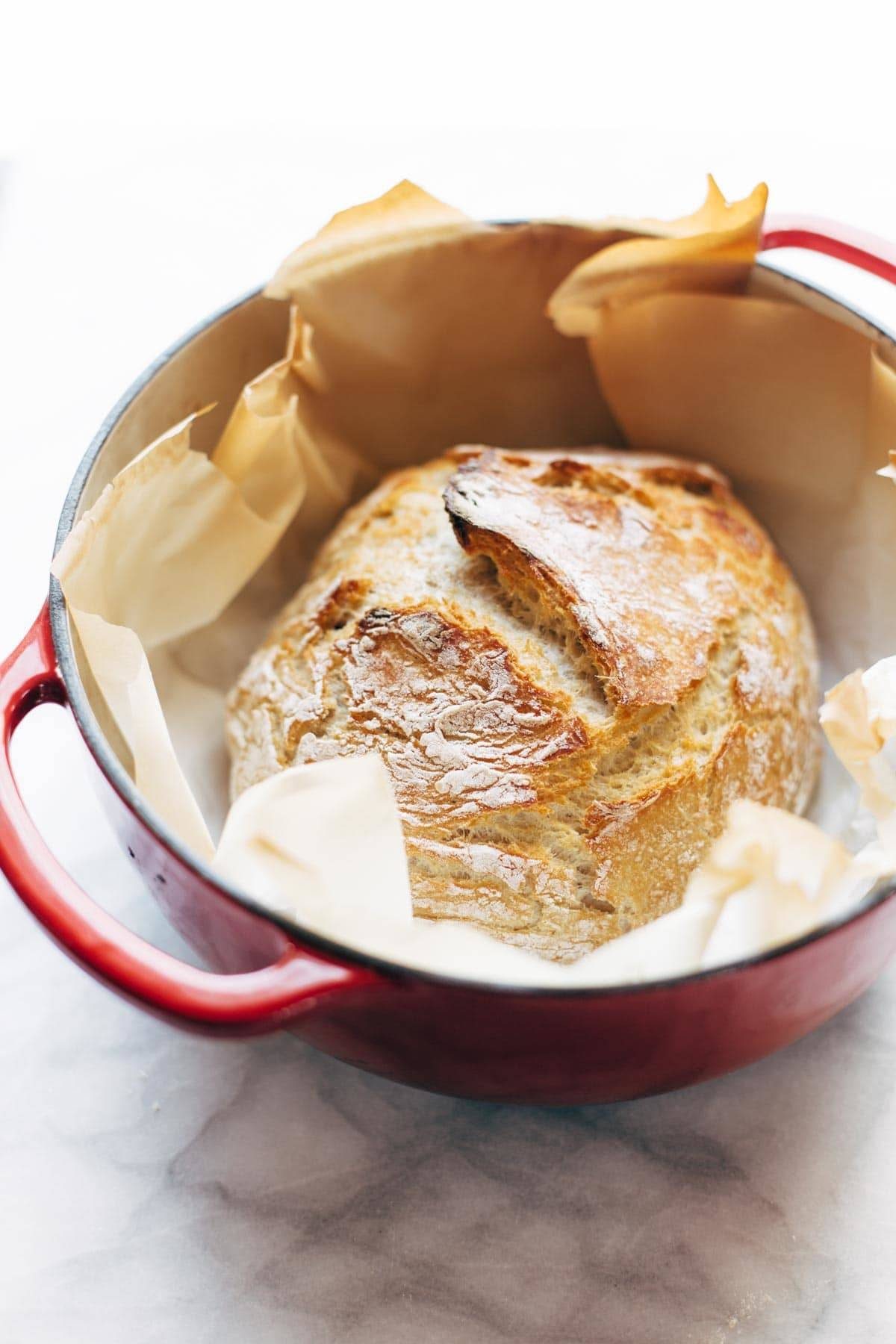 No knead bread in a red dutch oven.