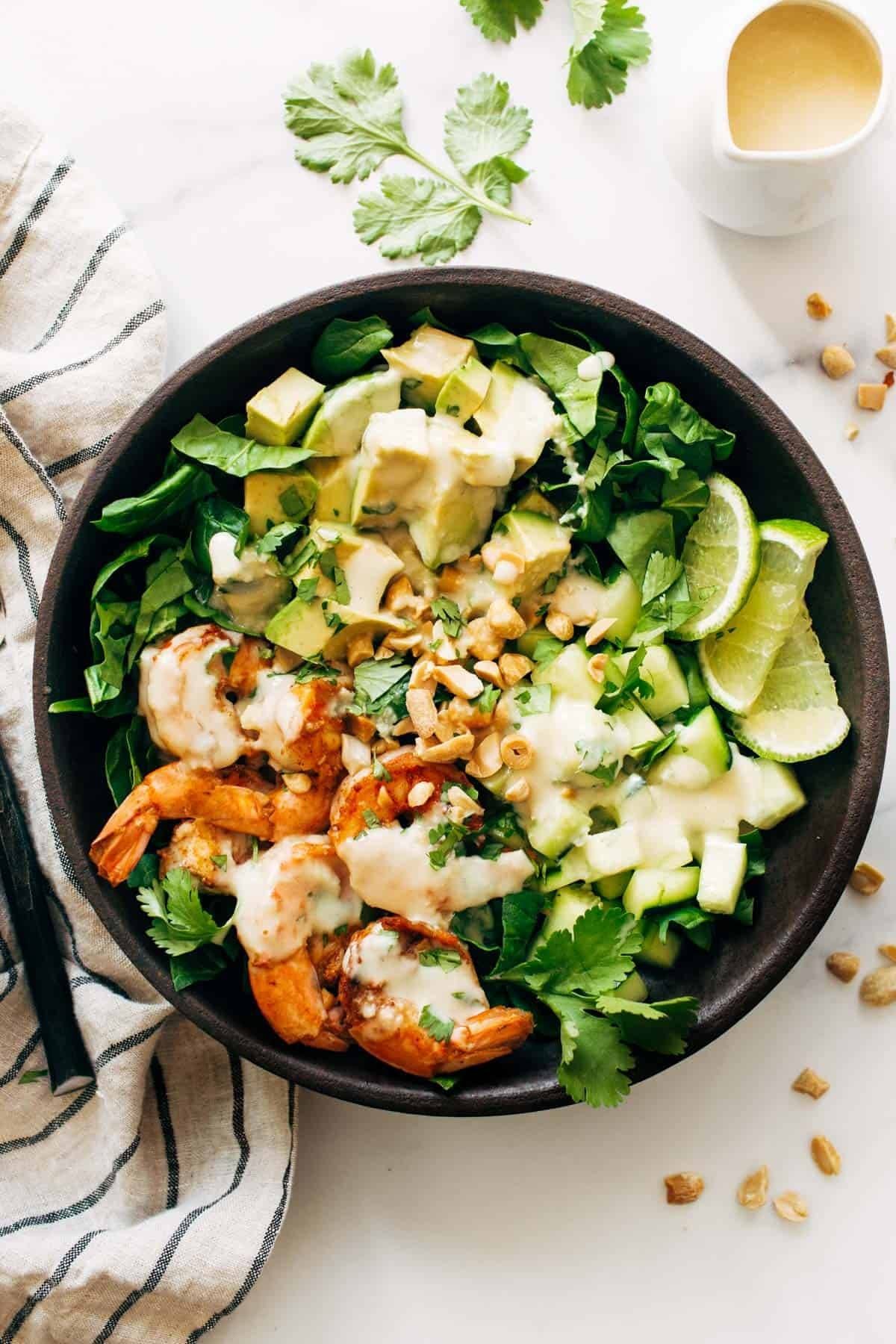Shrimp and miso salad in a bowl.