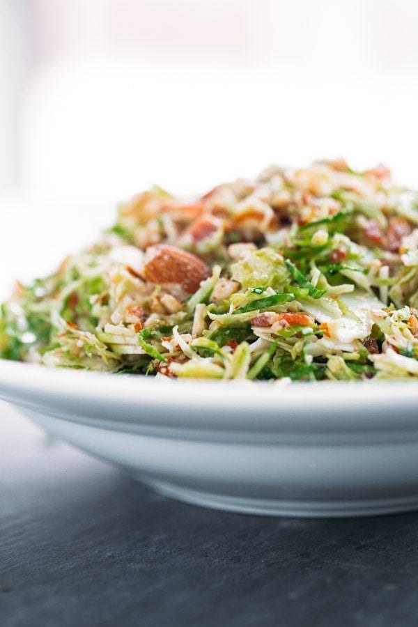 Bacon and Brussels Sprout Salad in a white bowl.