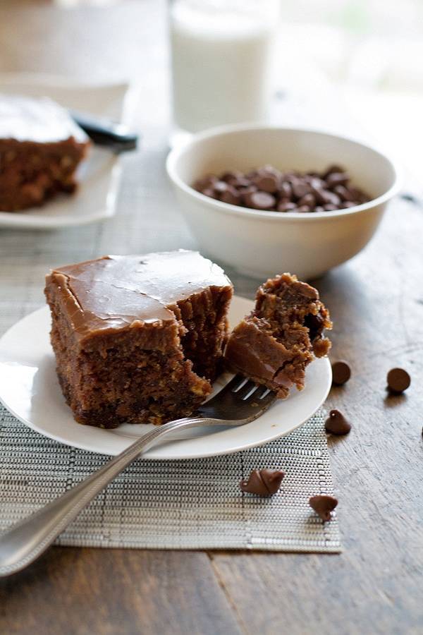 Chocolate oatmeal cake on a plate and a fork.