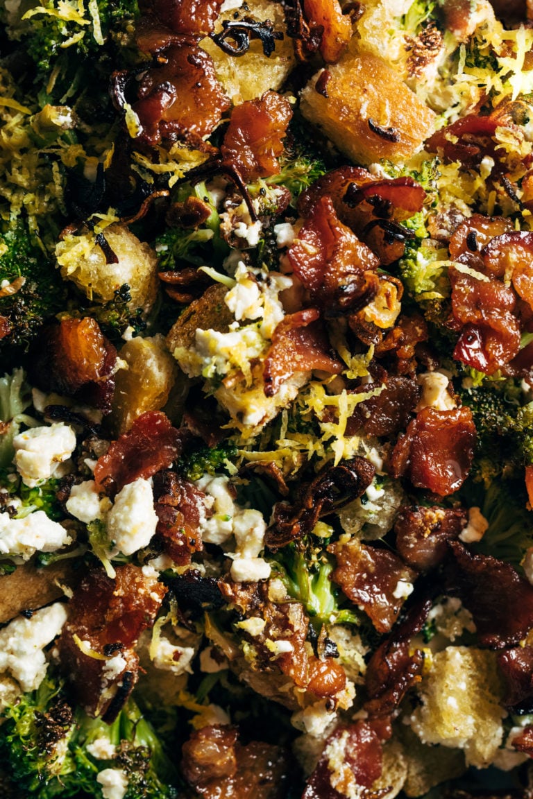 Roasted broccoli with bacon and cheese.