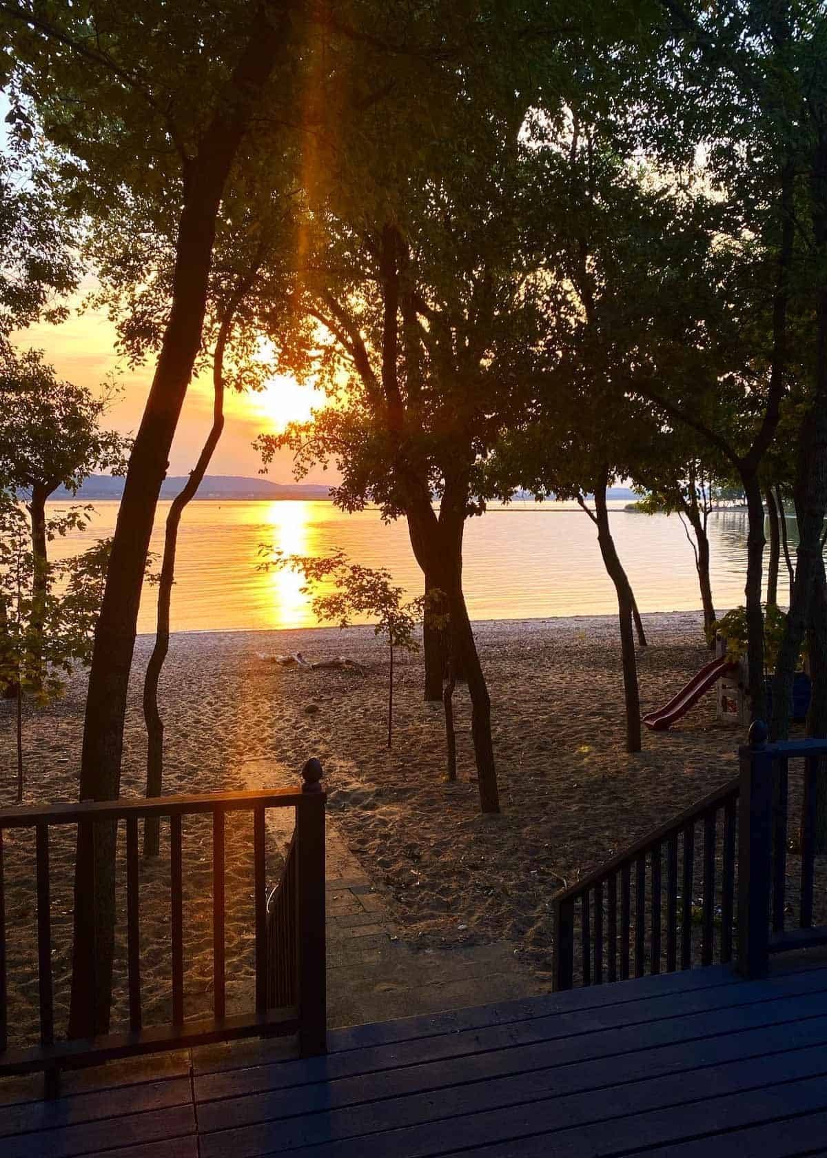 Stairs leading down to trees and a beach.